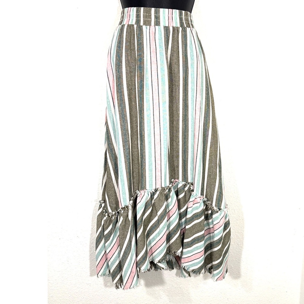 Striped Cotton Linen Maxi Skirt S Green Pink Boho Ruffle Frayed Hem Cottagecore